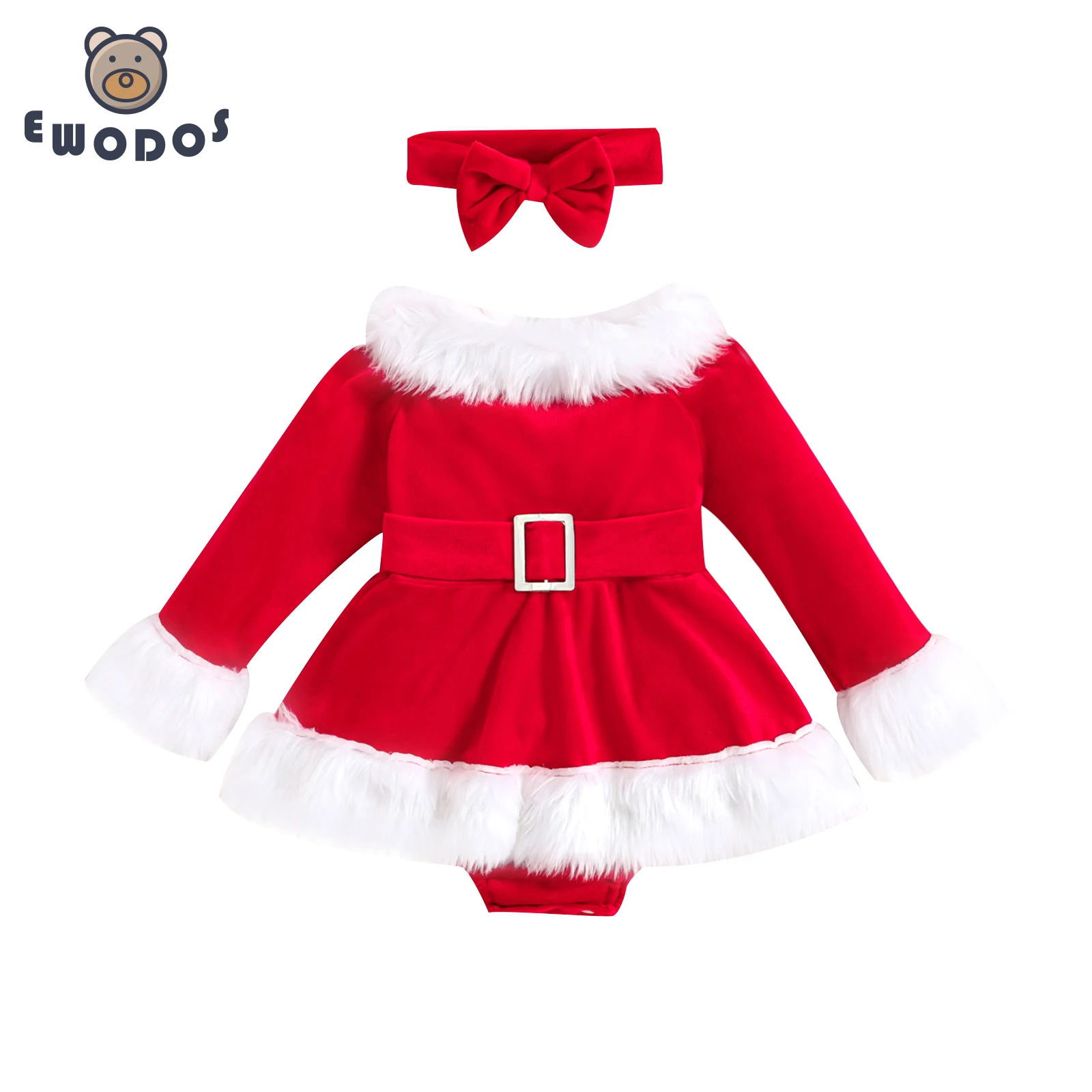 Top Trends: EWODOS Newborn Baby Girls 2Pcs Christmas Outfits Bodysuit Dress Long Sleeve Belted Jumpsuit Dress + Headbands Newborn Clothes Shoppable Styles