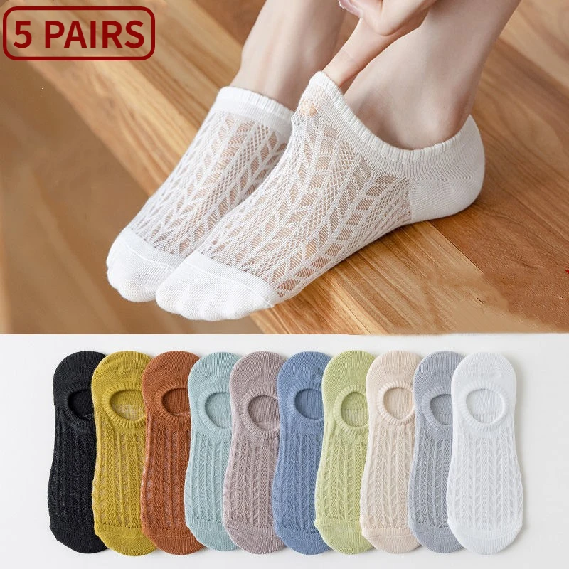 Top Trends: 5pair / Lot Women Invisible Thin Mesh Socks Mujer Non-slip Chaussette Ankle Low Female Boat Socks No Show Breathable Calcetines Shoppable Styles