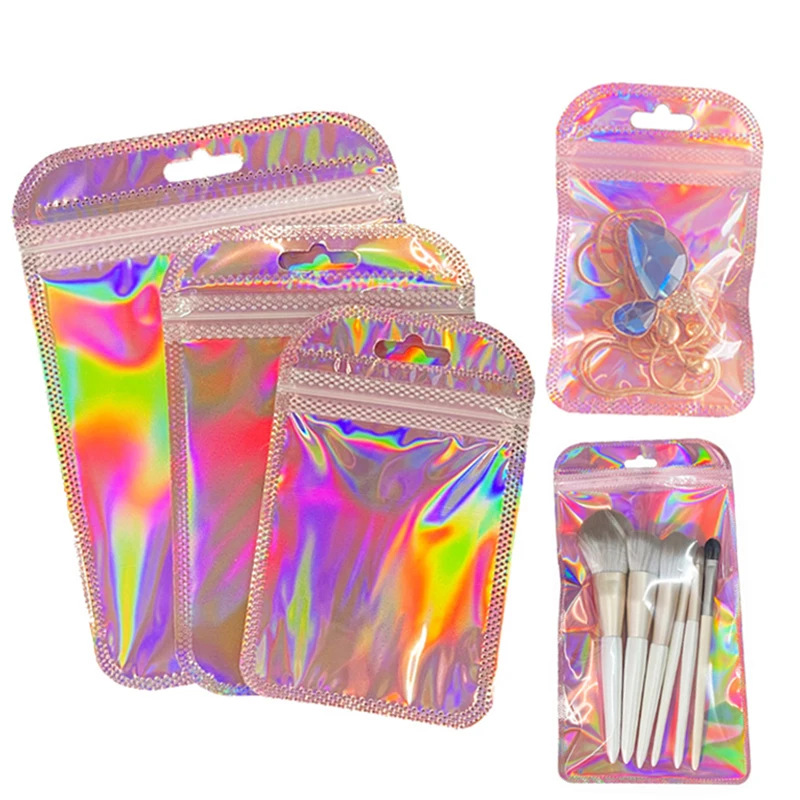 Top Trends: 50pcs / lot Iridescent Self Sealing OPP Bags Laser Iridescent Pink Ziplock Resealable Bag For Jewelry Retail Packaging Bag Pouches Shoppable Styles