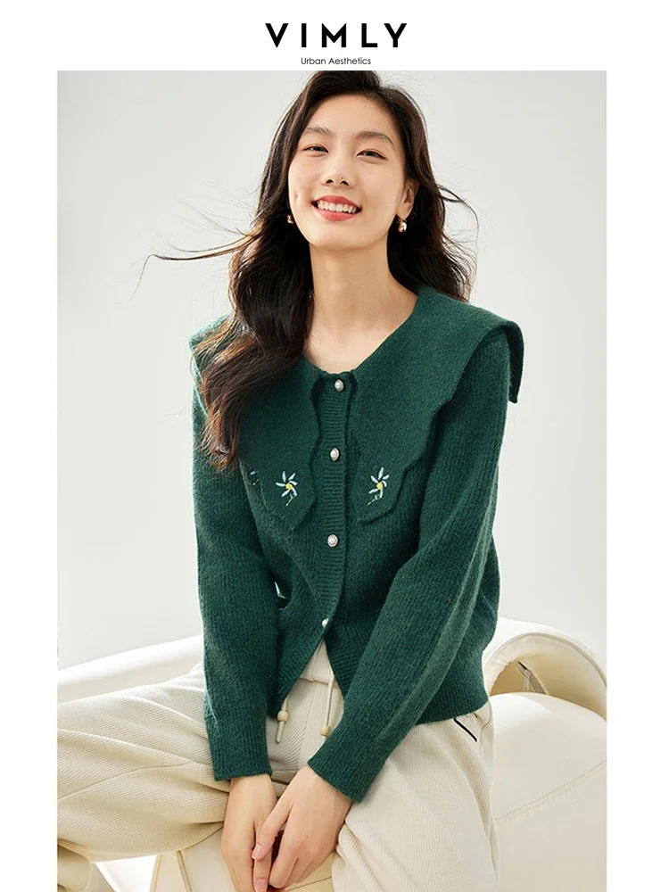 Top Trends: Vimly Green Knitted Cardigan For Women 2024 Spring New Lapel Embroidery Short Sweater Coat High Strecth Female Knitwear 72276 Shoppable Styles