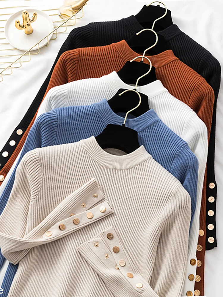 Top Trends: Casual Autumn Winter Women Thick Sweater Pullovers Long Sleeve Button O-neck Chic Sweater Female Slim Knit Top Soft Jumper Tops Shoppable Styles