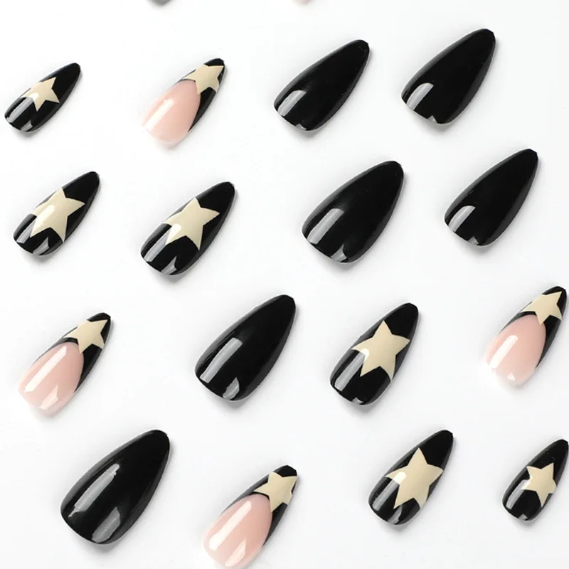 Top Trends: 24pcs / box Fake French Y2k Nails Press On Long Stiletto Almond Shape Wearable False Nails With Stars Designs Full Cover Nail Tips Shoppable Styles - Image 2