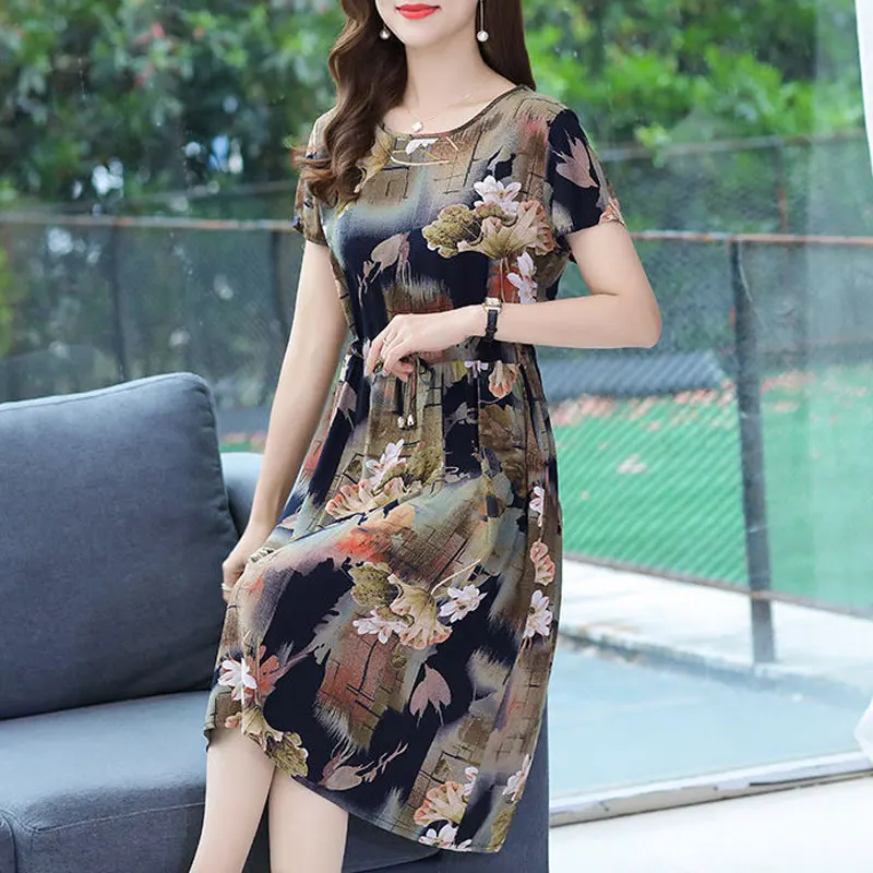 Top Trends: Women&#039;s Clothing Vintage Floral Printed Dresses Short Sleeve Commute A-Line 2023 Summer Round Neck Stylish Drawstring Midi Dress Shoppable Styles