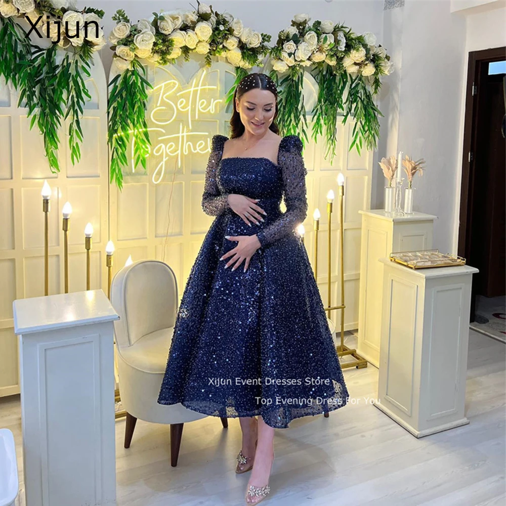 Top Trends: Xijun Glitter Short Wedding Party Dresses Pregnant Women Long Sleeves Bride Dresses Square Neck Arabic Bridal Gowns Formal 2023 Shoppable Styles