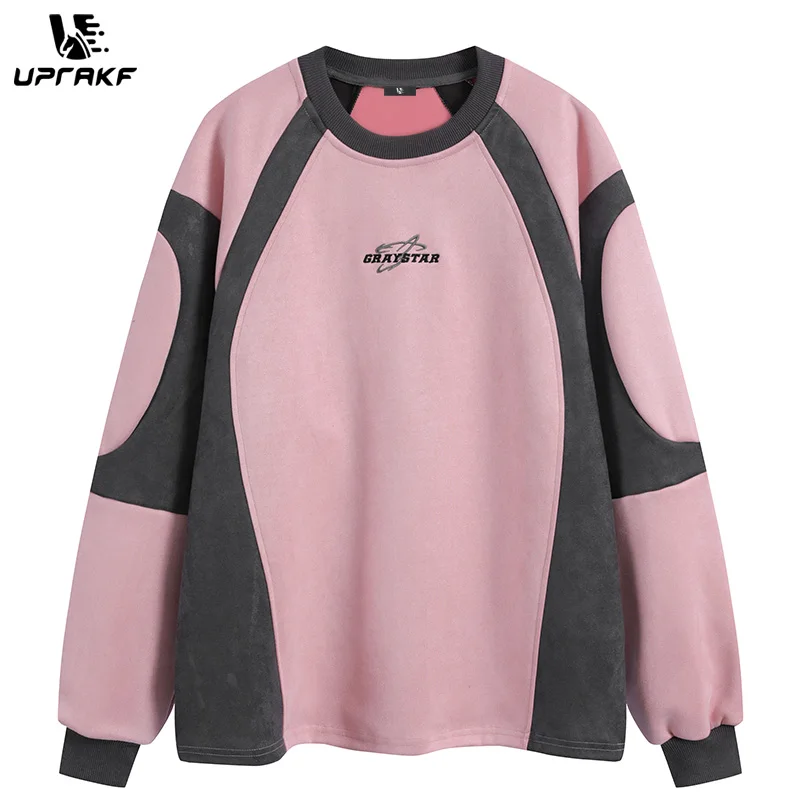 Top Trends: UPRAKF Streetwear Hoodie Patchwork Graphic Pullover Retro Suede Tops Pink Long Sleeve Harajuku High Quality Men's And Women's Shoppable Styles