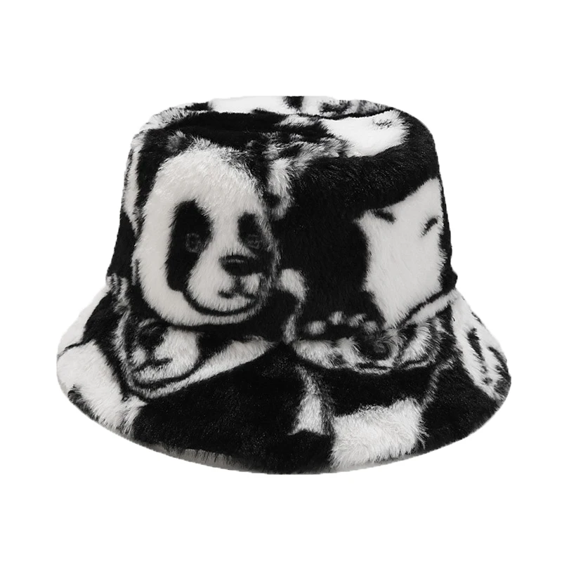 Top Trends: Panda Print Faux Fur Bucket Hat Winter Cap For Women Men Outdoor Warm Fluffy Fisherman Hats Panama Bob Shoppable Styles