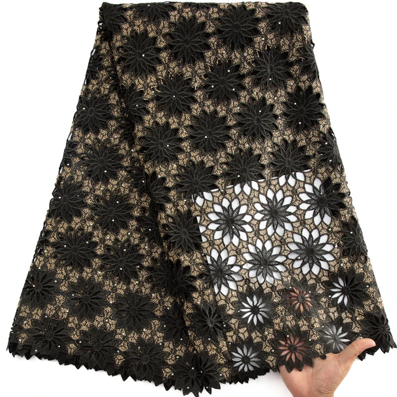 Top Trends: 2023 African Cord Lace Fabric Black And Gold With Crystal Stone Guipure Nigerian Water Soluble Lace Fabric For Women Dress A3546 Shoppable Styles