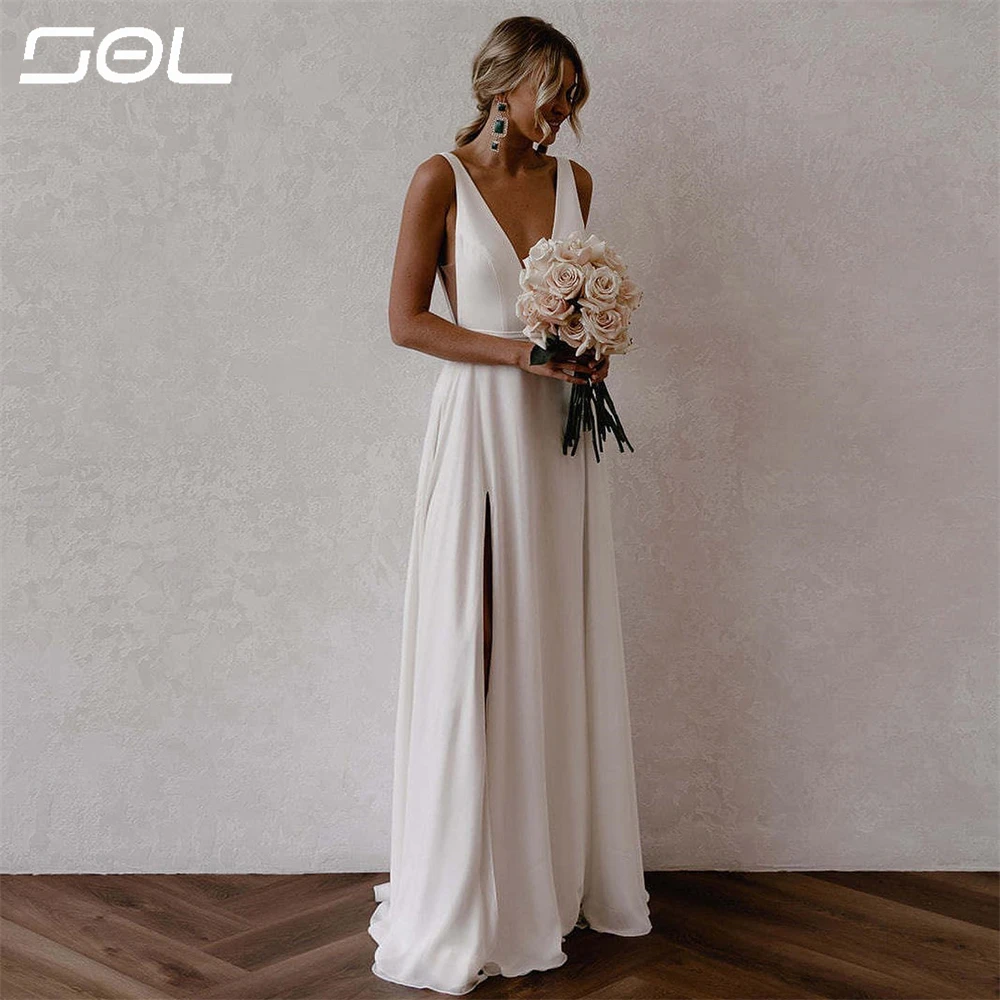 Top Trends: SOL Simple Deep V Neck Spaghetti Straps Side Slit Chiffon Wedding Dresses Elegant Backless A-Line Bridal Gowns Vestidos De Novia Shoppable Styles