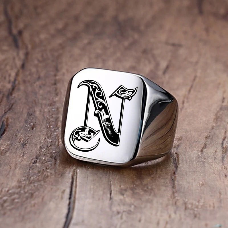 Top Trends: Stainless Steel Retro Punk Initial Rings For Men Gift Gothic Male Letter Stamp Jewelry Gift Anillos Mujer Fashion 2023 Shoppable Styles