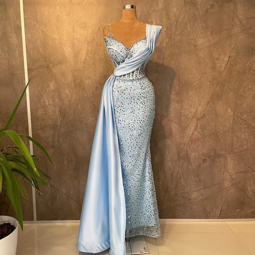 Top Trends: Sky Blue Formal Women Party Dresses Luxury 2023 Sheer Neck Glitter Sequins Evening Dress Sleeveless Mermaid Wedding Guest Gowns Shoppable Styles