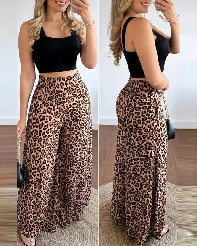 Top Trends: Two Piece Sets Women Outifits 2023 Summer Fashion Square Neck Sleeveless Crop Tank Top & Leopard Print Pocket Wide Leg Pants Set Shoppable Styles - Image 3