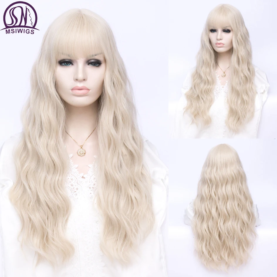 Top Trends: MSIWIGS Women Long Wavy Blonde Synthetic Wig With Bangs Grey Pink Hair Cosplay Girl Wig Heat Resistant Shoppable Styles