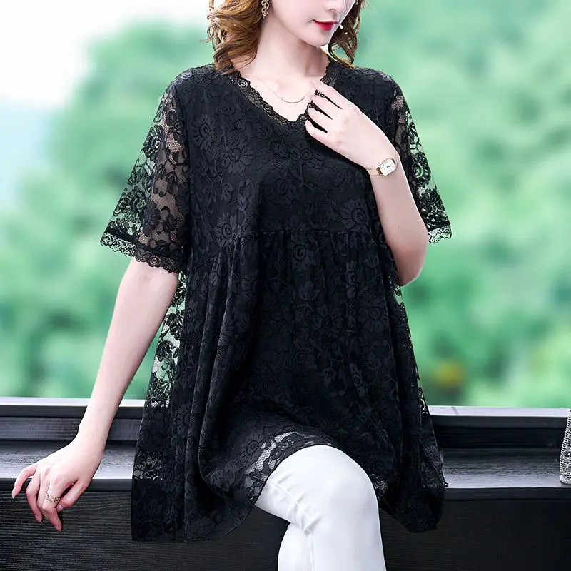 Top Trends: Summer New Lace Patchwork Loose Shirt Tops Short Sleeve V Neck Chiffon Solid Plus Size Blouse Fashion Vintage Women Clothing Shoppable Styles