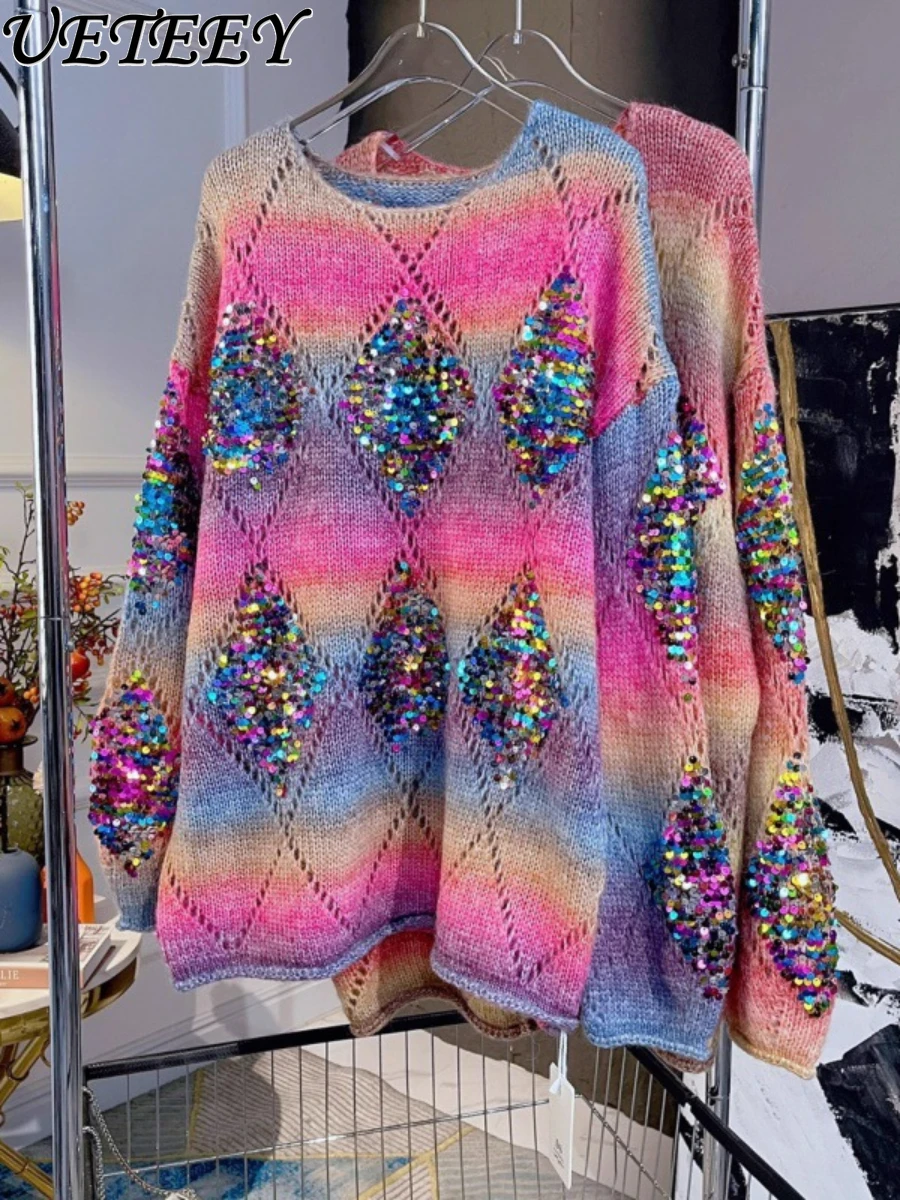 Top Trends: New Arrival Heavy Industry Rainbow Color Sequins Knitwear Top Women Loose Mid-Length Pullover Sweater Autumn And Winter Sweater Shoppable Styles