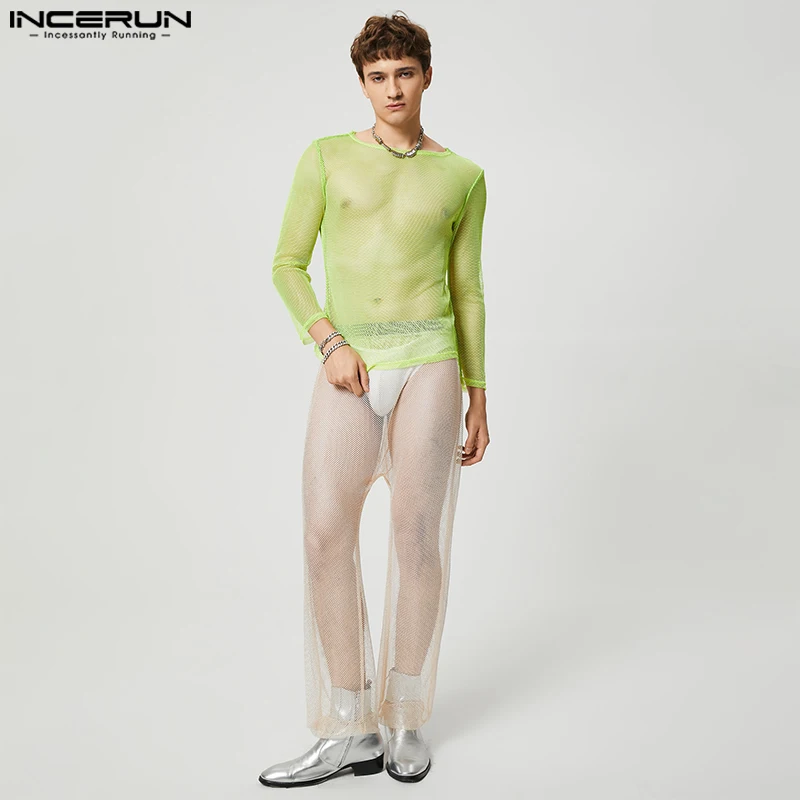 Top Trends: Party Shows Style Long Pants INCERUN New Men&#039;s See-through Mesh Pantalons Stylish Hot Sale Shiny Comfortable Trousers S-5XL 2023 Shoppable Styles