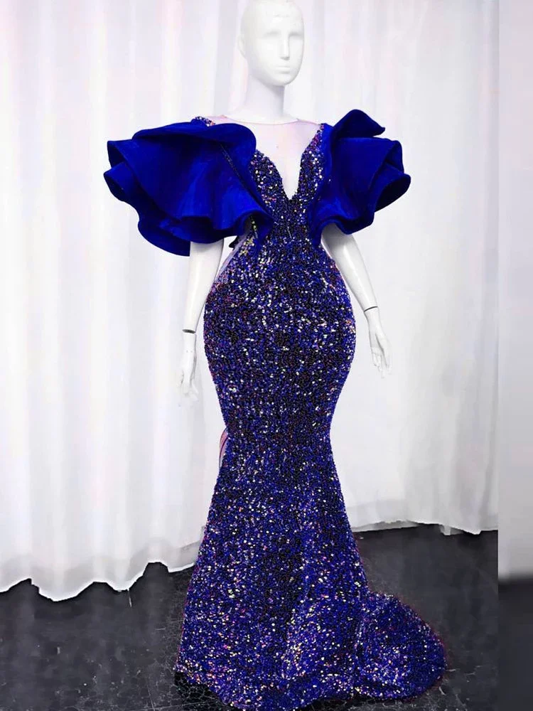 Top Trends: Glitter Sequins Mermaid Evening Gowns Elegant 2023 Ruffles Puffy Sleeves Sheer Neck Women South Africa Prom Dress Robe De Soirée Shoppable Styles