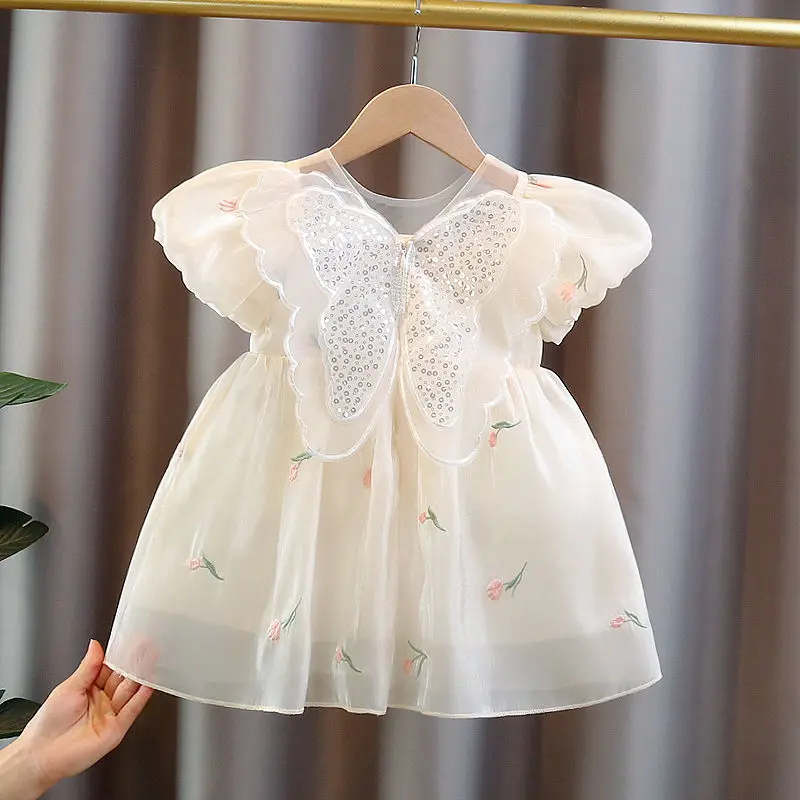 Top Trends: Sweet Kids Clothes Girls Embroidery Floral Patchwork Sequined Summer Crew Neck Butterfly Zipper Short Sleeve Lace Princess Dress Shoppable Styles