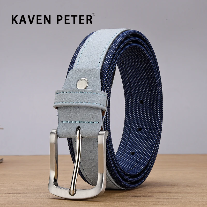 Top Trends: Men Suede Leather Belt With Oxford Fabric Strap Genuine Leather Luxury Pin Buckle Blue Belts For Men 3.5 Cm And 4.0 Cm Width Shoppable Styles