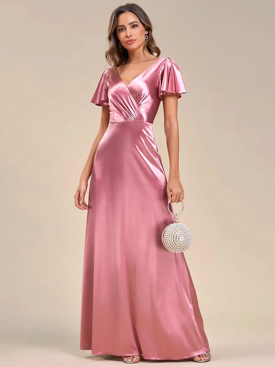 Top Trends: Elegant Evening Dresses V-Neck Fit Floor Longth Ruffles Sleeve Satin 2024 Ever Pretty Of A-Line Orchid Bridesmaid Dress Women Shoppable Styles