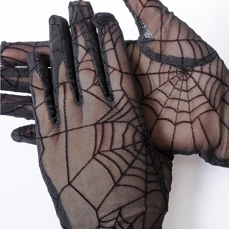 Top Trends: 1 Pair Black Cobweb Full Finger Gloves Women Sexy Transparentes Mesh Tulle Sun Anti-UV Halloween Gloves Female Driving Gloves Shoppable Styles - Image 3