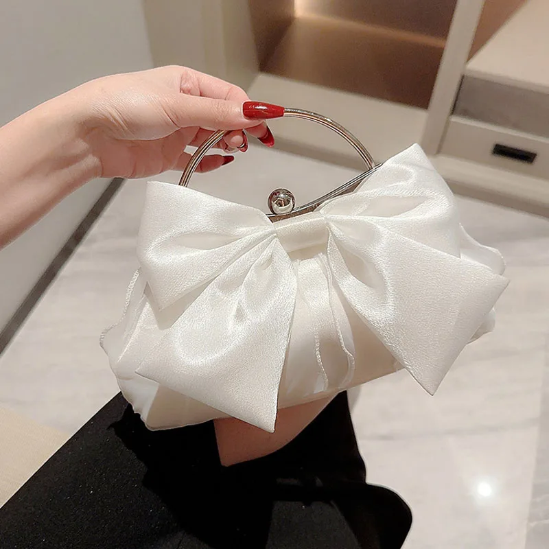 Top Trends: White Satin Bow Fairy Evening Bags Clutch Metal Handle Handbags For Women Wedding Party Bridal Clutches Purse Chain Shoulder Bag Shoppable Styles