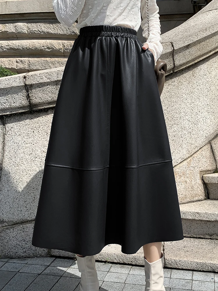 Top Trends: QOERLIN Soft PU Skirts Faux Leather Black Midi Skirt Black Green High Waist A-Line Big Hem Skirts Y2K Pocket Elastic Waist Saias Shoppable Styles - Image 6