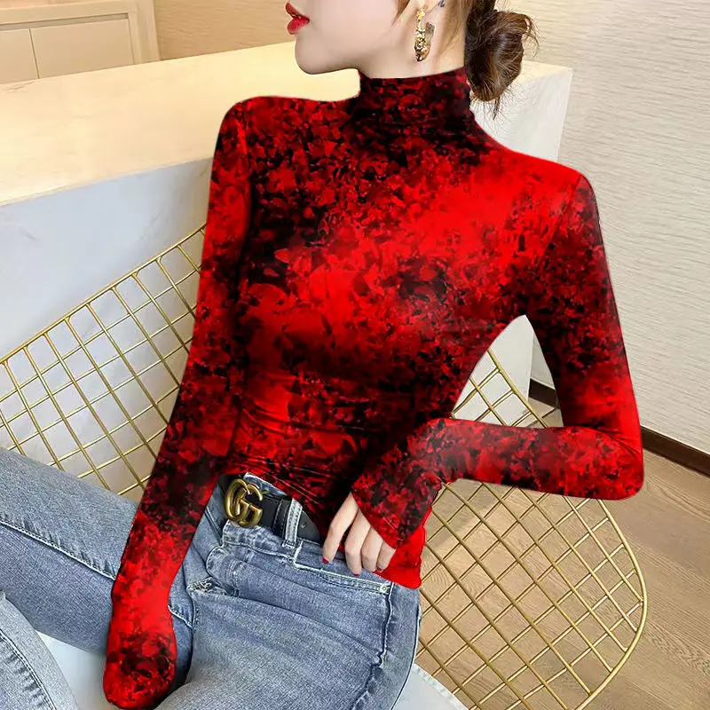 Top Trends: Women&#039;s Thin Half High Neck Bottom Autumn And Winter New Fashion Printed Contrast Color Long Sleeve T-shirt Slim Pullover Tops Shoppable Styles