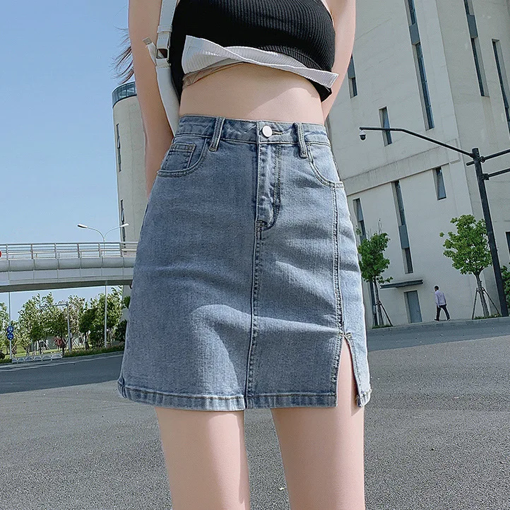 Top Trends: Split Denim Short Skirt For Women With High Waist And Slim Appearance 2022 New Small A-line Buttocks Wrapped Skirt Shoppable Styles