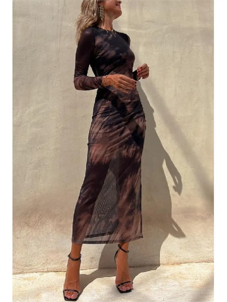 Top Trends: Tie Dye Printed Mesh See-through Maxi Dresses For Women Sexy Slim Slit Party Evening Dress 2023 Spring New Fashion Club Vestidos Shoppable Styles