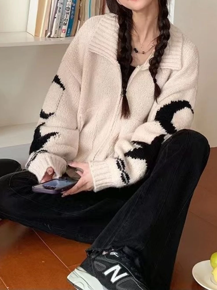 Top Trends: Deeptown Vintage Y2K Beige Star Jacquard Sweater Cardigan Women Harajuku Korean Style Oversize Zipper Jerseys Black Knitted Tops Shoppable Styles