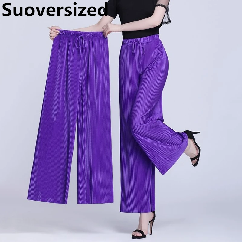 Top Trends: Summer Ankle-length 95cm Wide Leg Pants Oversized 4xl Women Baggy Pantalones Thin Ice Silk Spodnie High Waist Straight Trousers Shoppable Styles