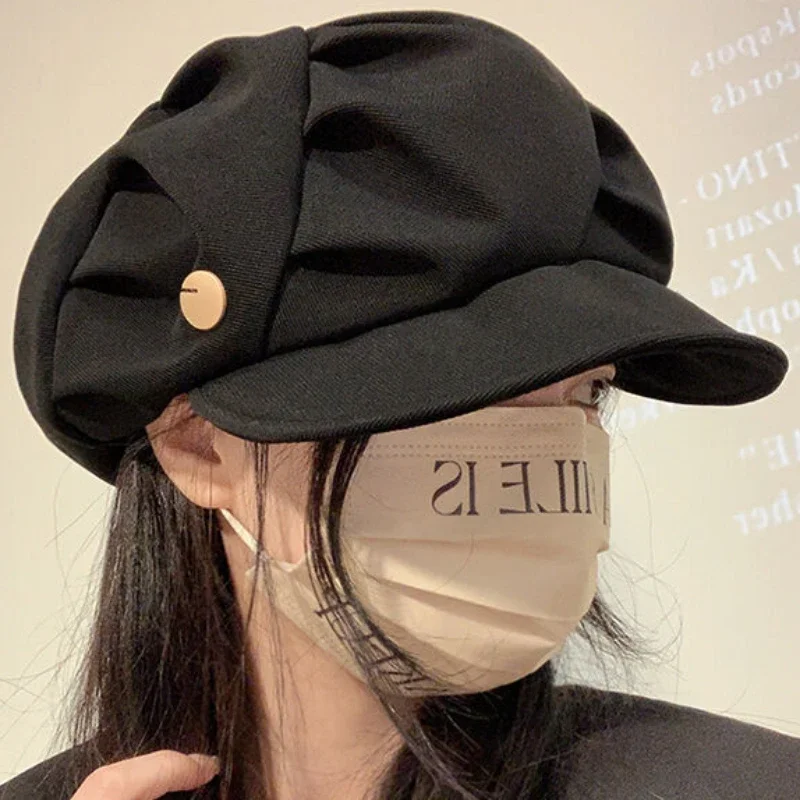 Top Trends: Ins Ladies Pleated Berets Hats Spring Autumn Black Khaki Short Brim Polyester Newsboy Caps Women Korean Fashion Harajuku Octagon Shoppable Styles