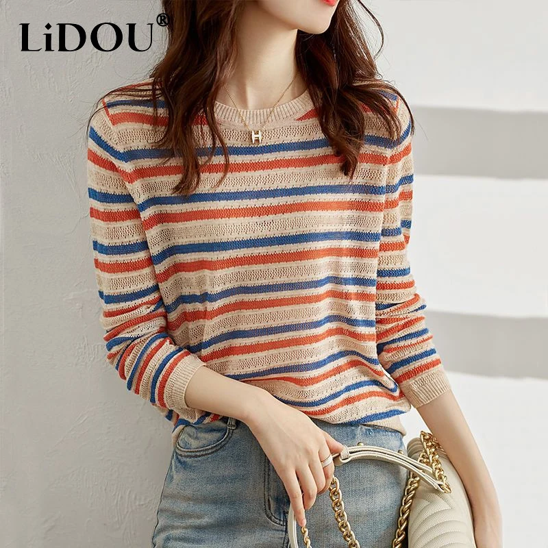 Top Trends: 2023 Spring Autumn New Round Neck Fashion Striped Sweater Women Contrast Color Long Sleeve Hollow Pullovers All-match Chic Tops Shoppable Styles