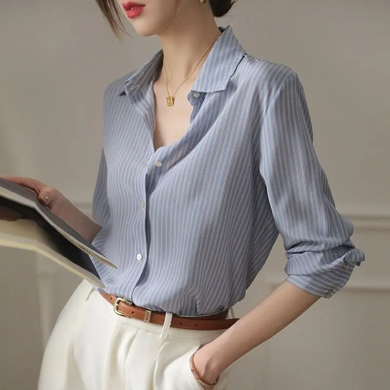 Top Trends: Elegant Striped Loose Shirt Tops Spring Autumn New Long Sleeve Polo Neck Chiffon All-match Blouse Office Fashion Women Clothing Shoppable Styles