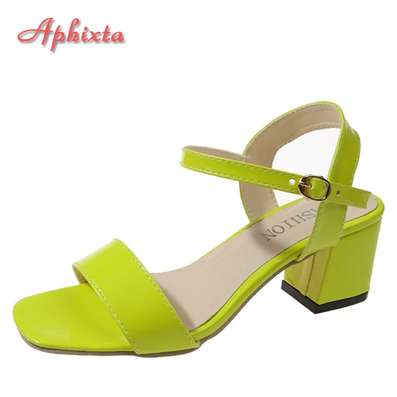 Top Trends: Aphixta Plus Size 46 New Summer Ankle Strap Peep Toe Leather Sandals Women Shoes 5cm Square Heel Simple FluorescentGreen Slides Shoppable Styles