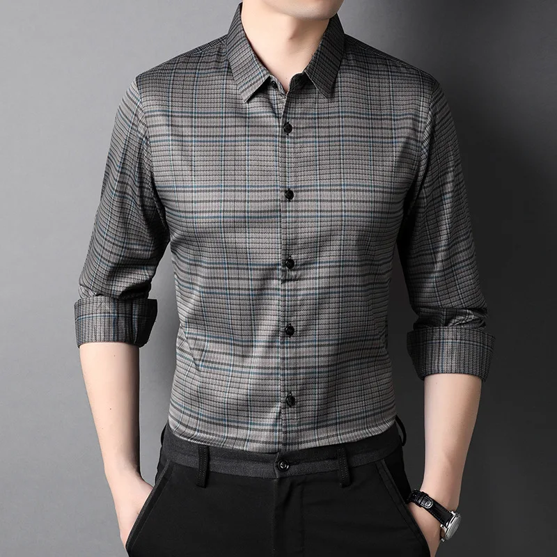 Top Trends: Autumn Winter Fashion Casual Plaid Long Sleeve Shirt Male Clothes 2023 Business Office Polo-Neck Single-breasted Shirts For Men Shoppable Styles - Image 3