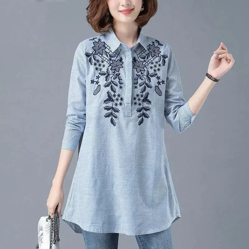 Top Trends: Women Embroidery Loose Casual Tunics Spring New Long Sleeve Turn-down Collar Fashion Elegant Shirts Pullover Blouses Tops Shoppable Styles