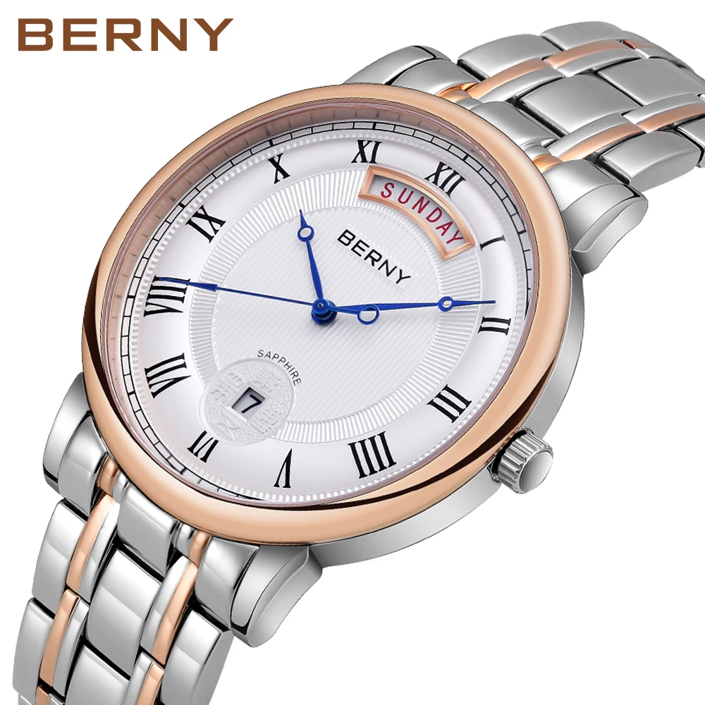 Top Trends: Berny Men Quartz Watch Miyota VJ55Top Quality Luxury Brand Day Date Stainless Steel Wristwatch Sapphire Waterproof Watch For Men Shoppable Styles