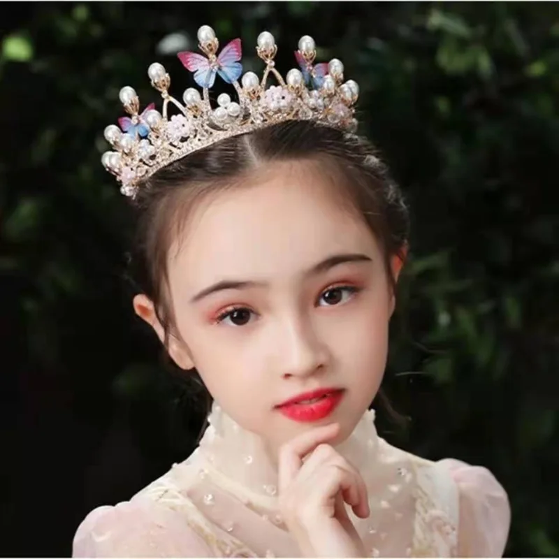 Top Trends: Gold Butterfly Princess Crown For Girls Handmade Rhinestone Tiara Pearl Headband For Birthday Wedding Model Catwalk Party Shoppable Styles