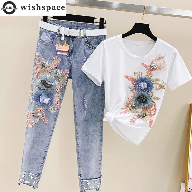 Top Trends: Fashion Women's Suit 2023 Spring And Summer New Style Embroidered Short-sleeved Top Age Reducing Jeans Two-piece Set Shoppable Styles