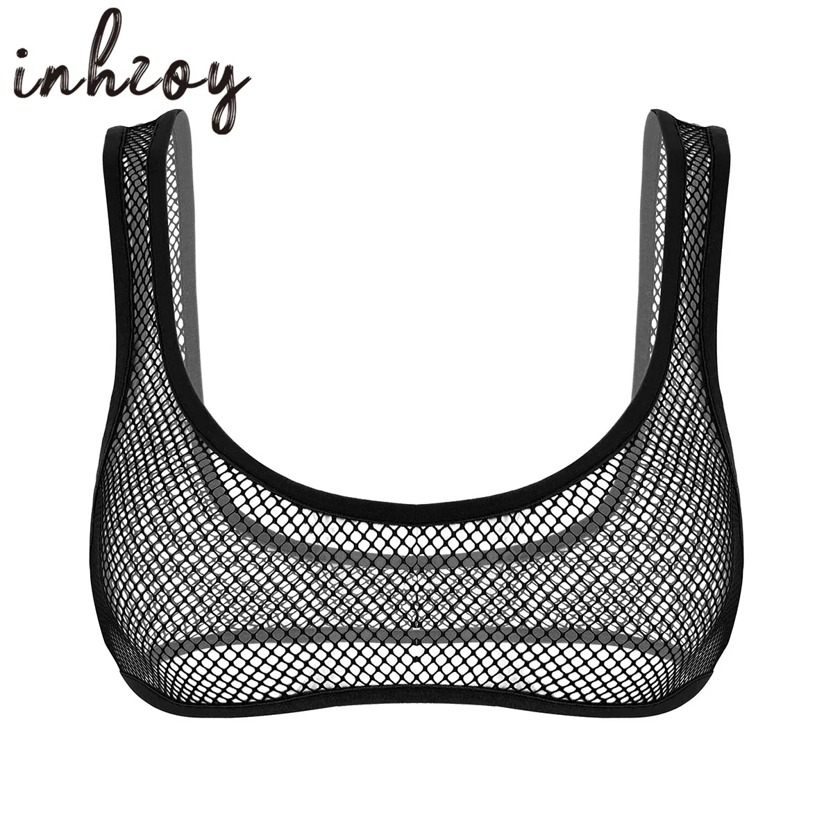 Top Trends: Summer Women See Through Fishnet Mini Sexy Tops Wide Shoulder Straps Deep U-neck Transparent Mesh Crop Top Adult Female Clubwear Shoppable Styles