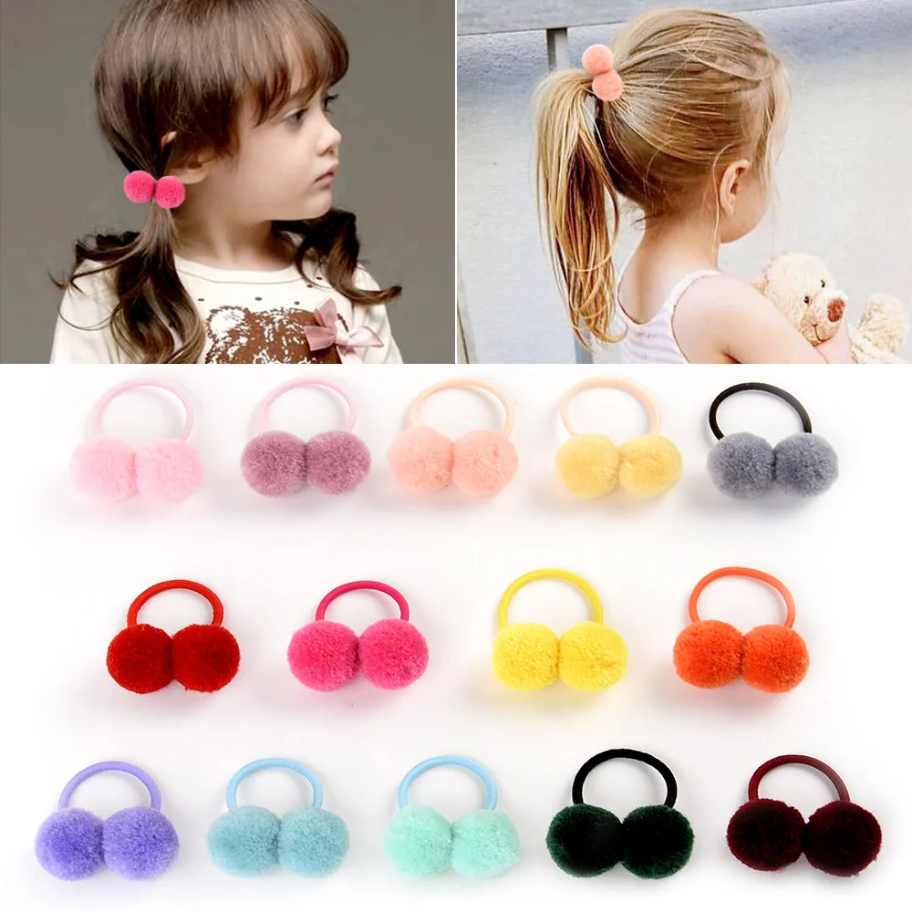 Top Trends: 14pcs / lot 1.4" Small Solid Double Fur Ball With Elastic Rope Handmade Hair Band For Kids Girls Hair Accessories Shoppable Styles - Image 3