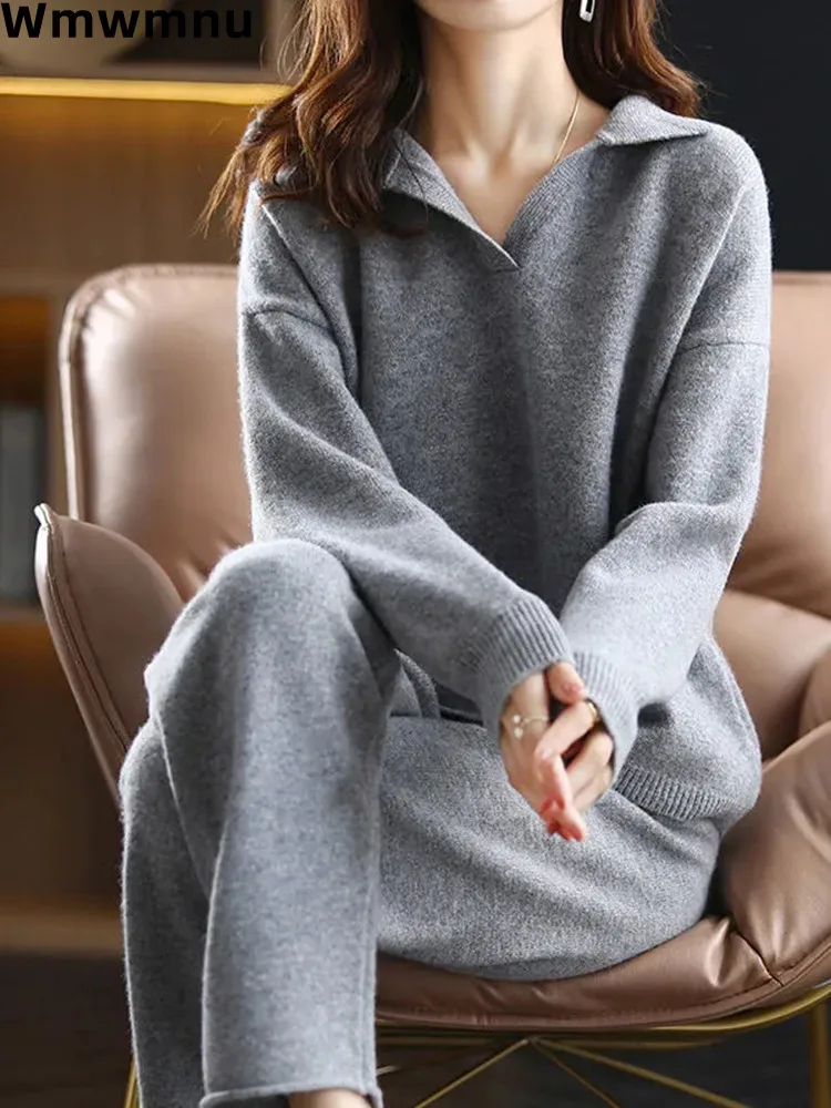 Top Trends: Elegant Malhas Pullover Sweater Two Piece Sets V-neck Pull Sueters Tops Conjuntos Fall Winter Baggy Soft Knitwear Pants Ensemble Shoppable Styles