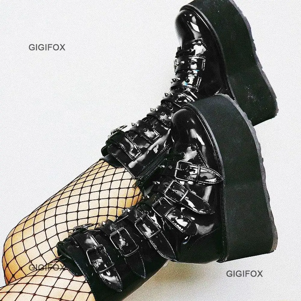 Top Trends: GIGIFOX Brand New Fashion Gothic Big Size 43 Halloween Cosplay Gift Outfits Chunky Heels Platform Motorcycles Boots Woman Shoes Shoppable Styles