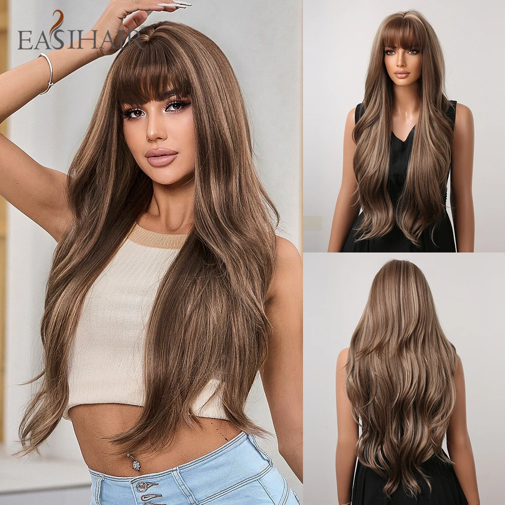 Top Trends: EASIHAIR Brown Mixed Blonde Synthetic Wigs With Bang Long Natural Wavy Hair Wig For Black Women Daily Cosplay Use Heat Resistant Shoppable Styles