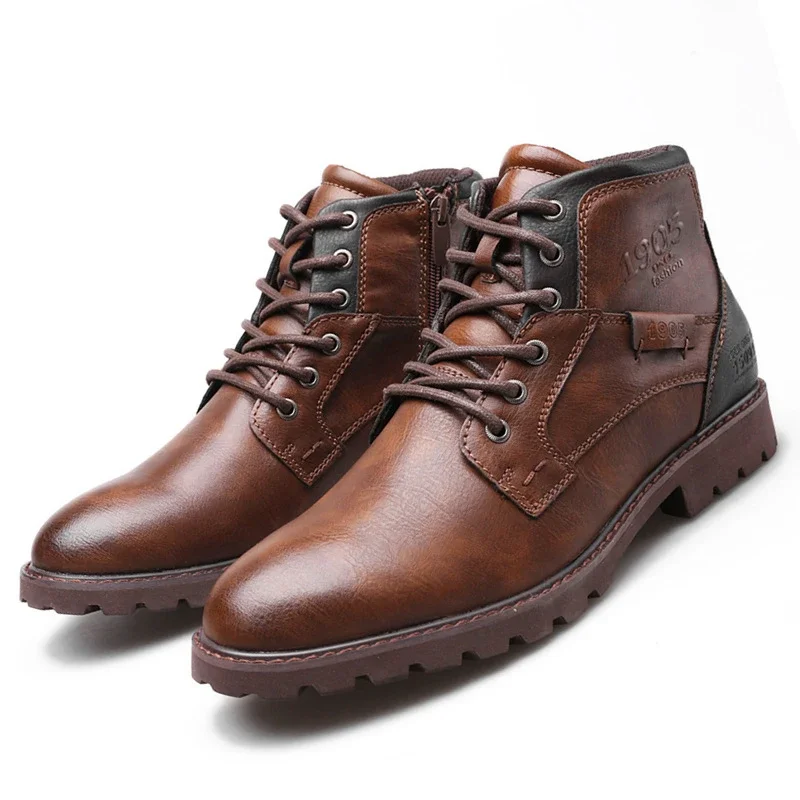 Top Trends: New Leather Men Ankle Boots Plus Size High Top Outdoor Work Footwear Motorcy Clevintage Cowboy Boots Fashion Men&#039;s Casual Shoes Shoppable Styles