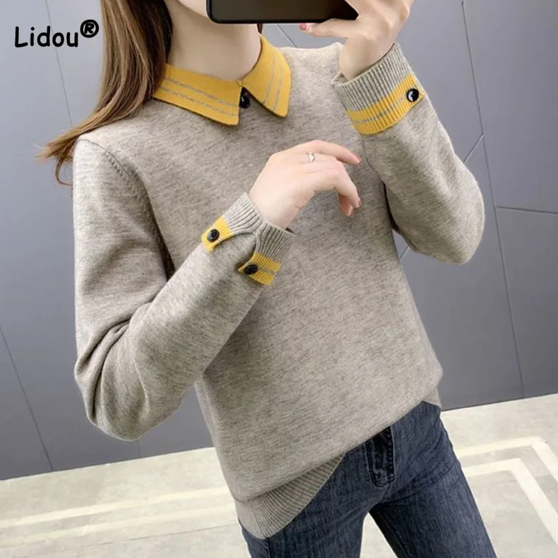 Top Trends: Commute Fashion Spliced Solid Color Knitted Tops For Female Autumn Winter Korean Elegant Long Sleeve Sweaters Women's Clothing Shoppable Styles