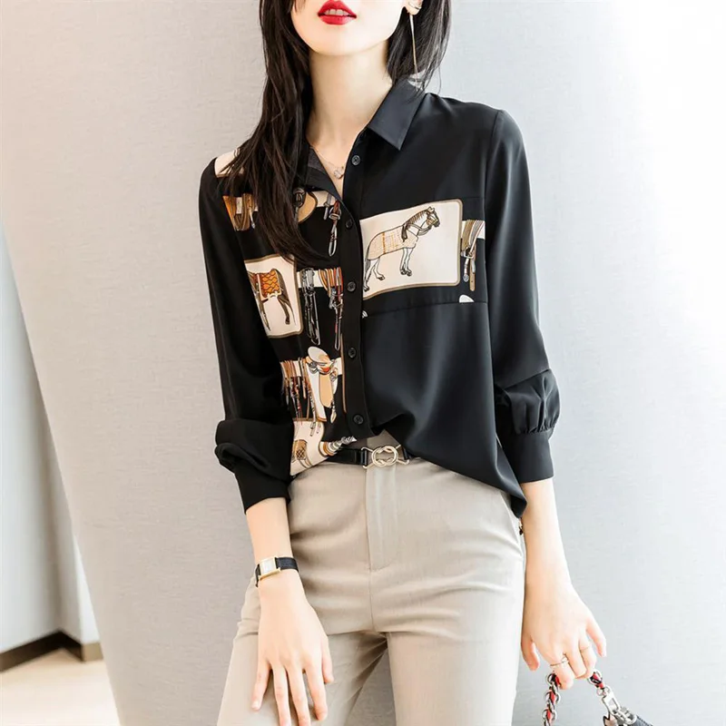 Top Trends: Fashion Lapel Printed Long Sleeve Loose Button Chiffon Shirt Casual Tops 2022 Autumn New Women&#039;s Clothing Office Lady Blouse Shoppable Styles