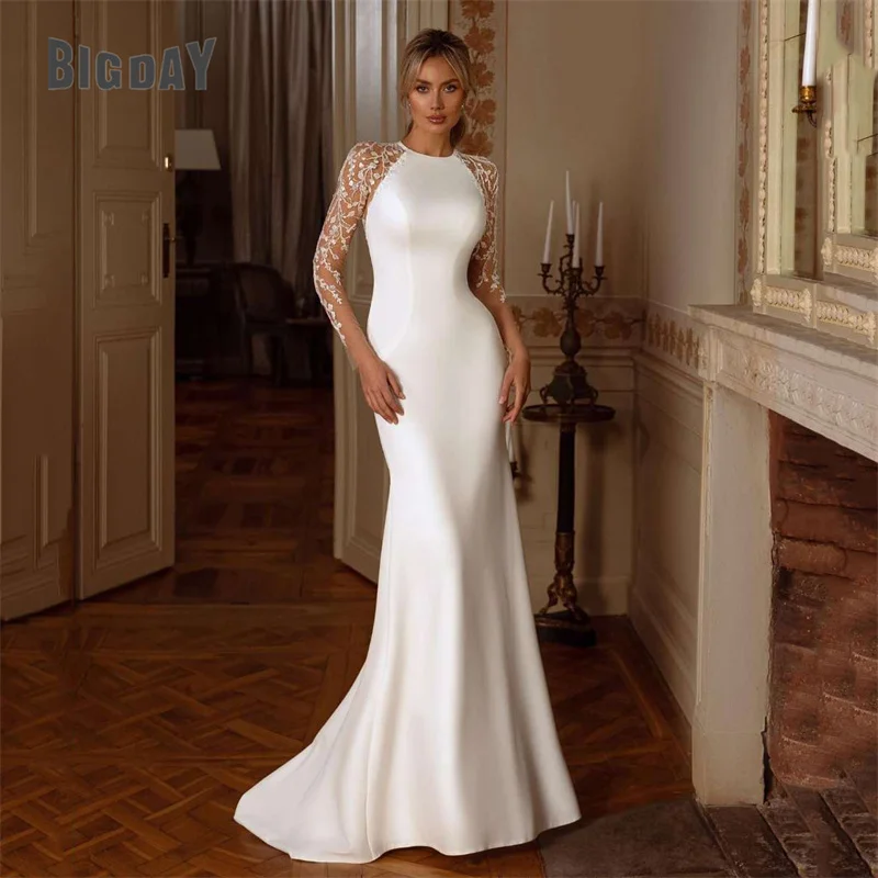 Top Trends: Elegant Mermaid Wedding Dress Women 2024 Long Sleeves Lace Illusion Back O-Neck Satin Bridal Gown Sweep Train Vestidos De Noiva Shoppable Styles