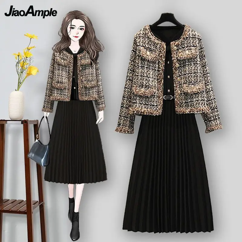 Top Trends: Women's Autumn Fashion Two Piece Dress Set Korean Lady Graceful Tweed Short Jacket Black Bowknot Collar Dresses Outfits 2022 New Shoppable Styles